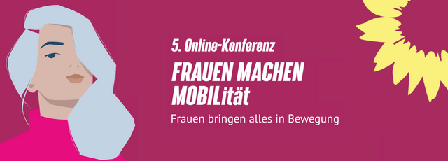 Grafik einer Frau mit grauen Haaren vor magenta-farbenem Hintergrund, in der rechten oberen Ecke eine gelbe Sonnenblume